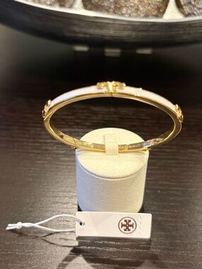 Tory Burch White and Gold Enamel Logo Hinge Bangle Bracelet